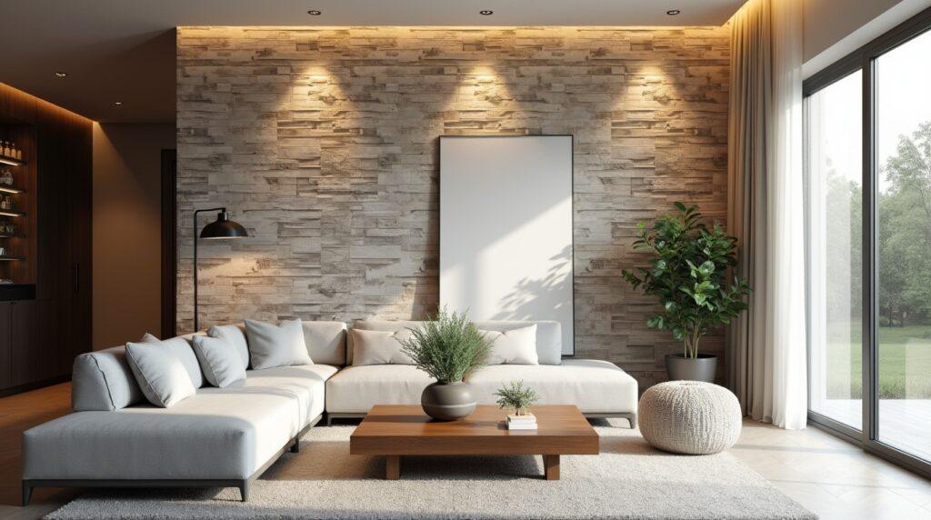 Transform Your Space: The Ultimate Guide to Stone Veneer Sheets for Stunning Interior and Exterior Designs 1 Modern living room with a natural stone veneer sheets accent wall in warm earth tones, cozy gray sofa, and stylish decor