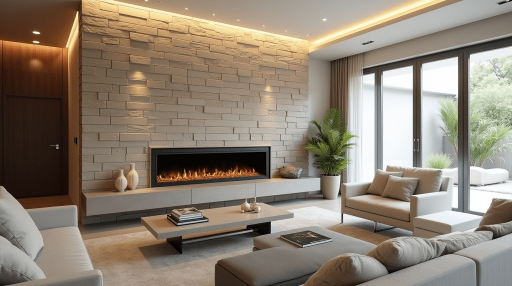 Interior Stone Cladding: How to Create Stunning Accent Walls That Last a Lifetime 1 Luxury living room with floor-to-ceiling natural stone accent wall featuring a modern linear fireplace, interior stone cladding, neutral furniture, and large glass doors opening to an outdoor space.