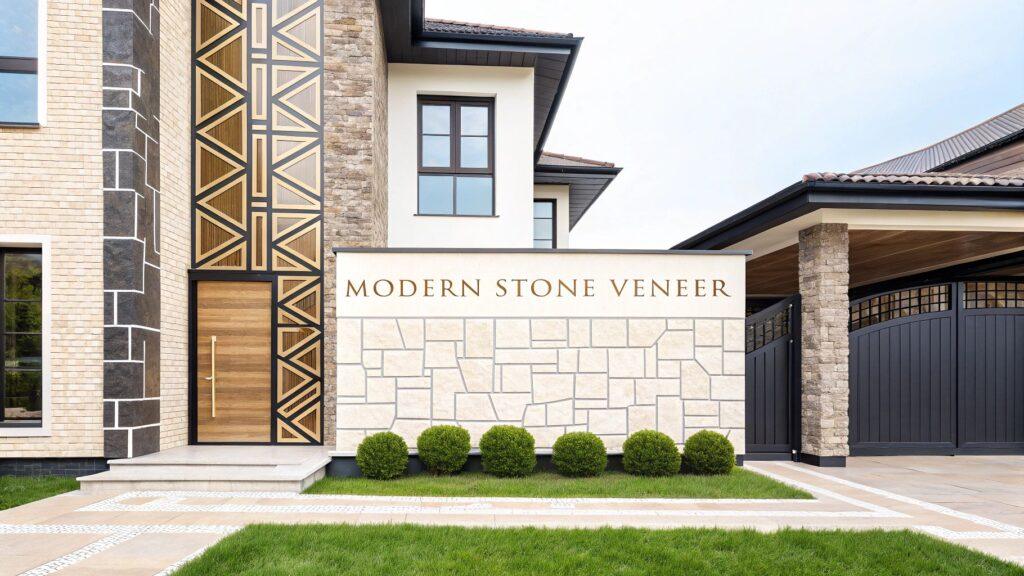 Exterior wall featuring modern stone veneer with the text 'Modern Stone Veneer' displayed prominently.