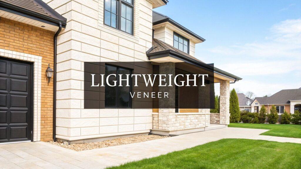 Exterior view of a house featuring lightweight veneer on the wall and a stone base.