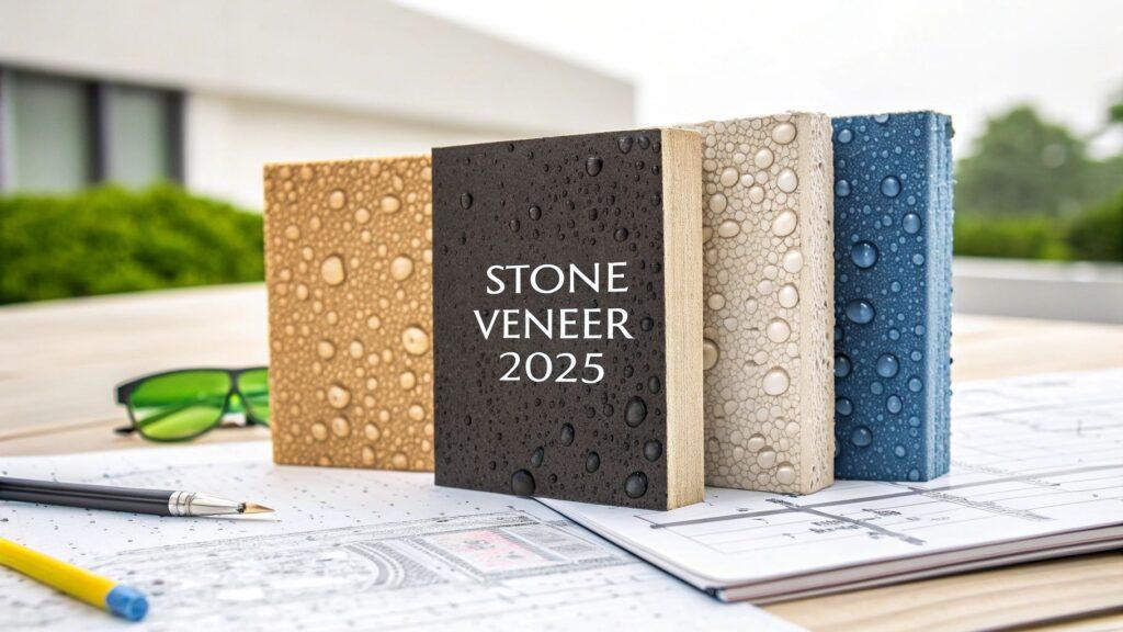 Sample book of stone veneer in four colors with water droplets on the cover.