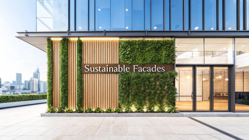 Building entrance featuring the words 'Sustainable Facades' with greenery and wooden accents.