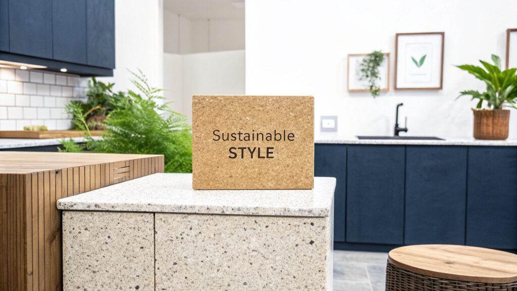 Cork box labeled 'Sustainable STYLE' placed on a kitchen counter with modern design.