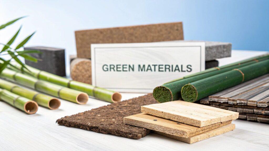 Collection of green materials including bamboo, cork, and wood samples on a table.